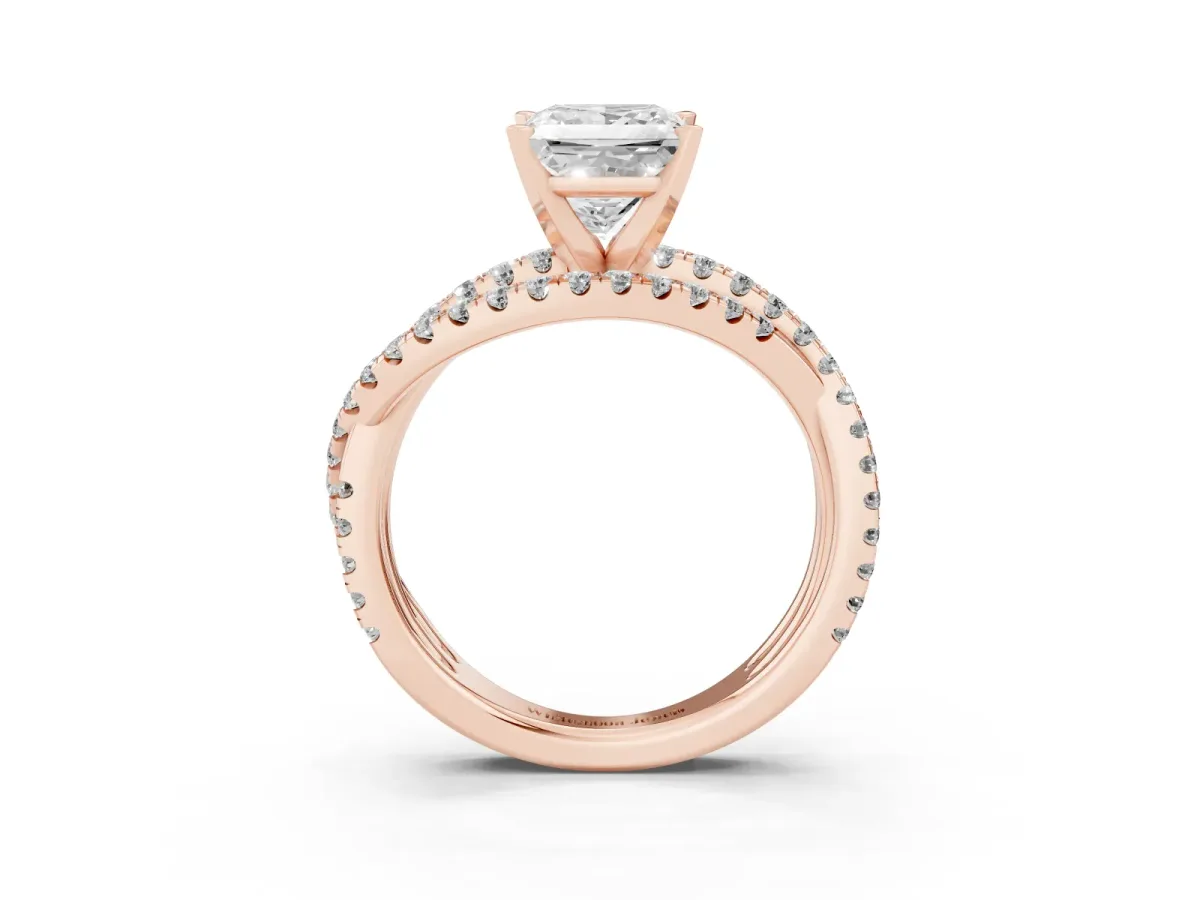 Princess Cut Solitaire Twist Band with Pavé Setting and Four-Prong Setting Rose gold
