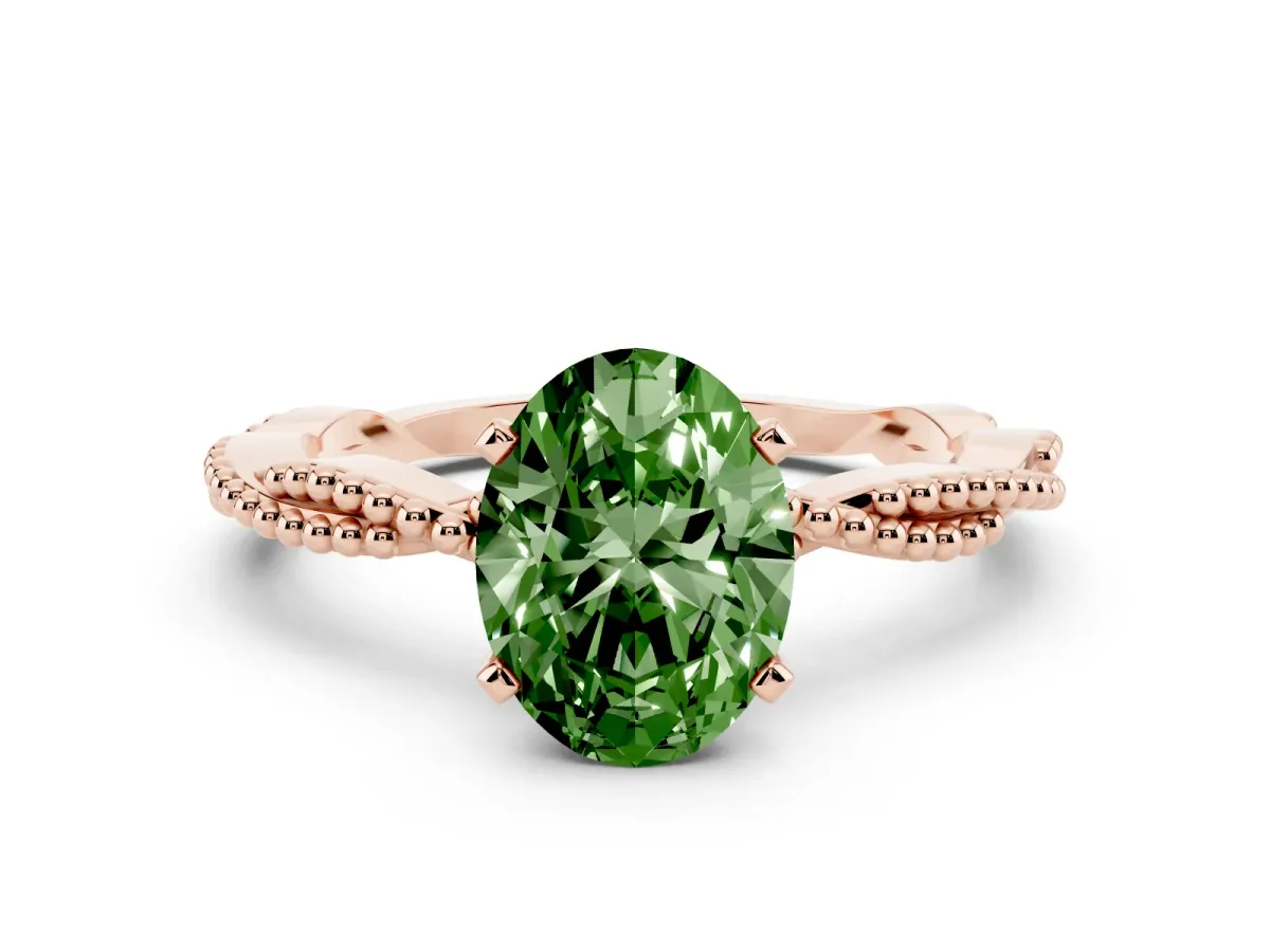 Fancy Green Oval Cut Solitaire Twisted Band with Bead Prong Setting Rose gold