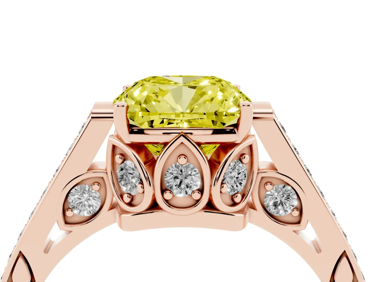 Fancy Yellow Cushion Cut Cut Cathedral Pave Diamond Engagement Ring with Six-Prong Setting Rose gold