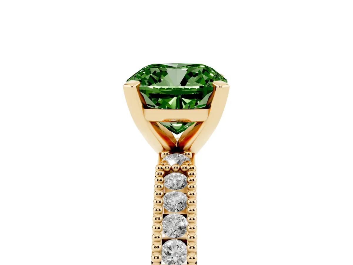 Fancy Green Cushion Cut Solitaire with Pavé Band and Four-Prong Setting Yellow gold