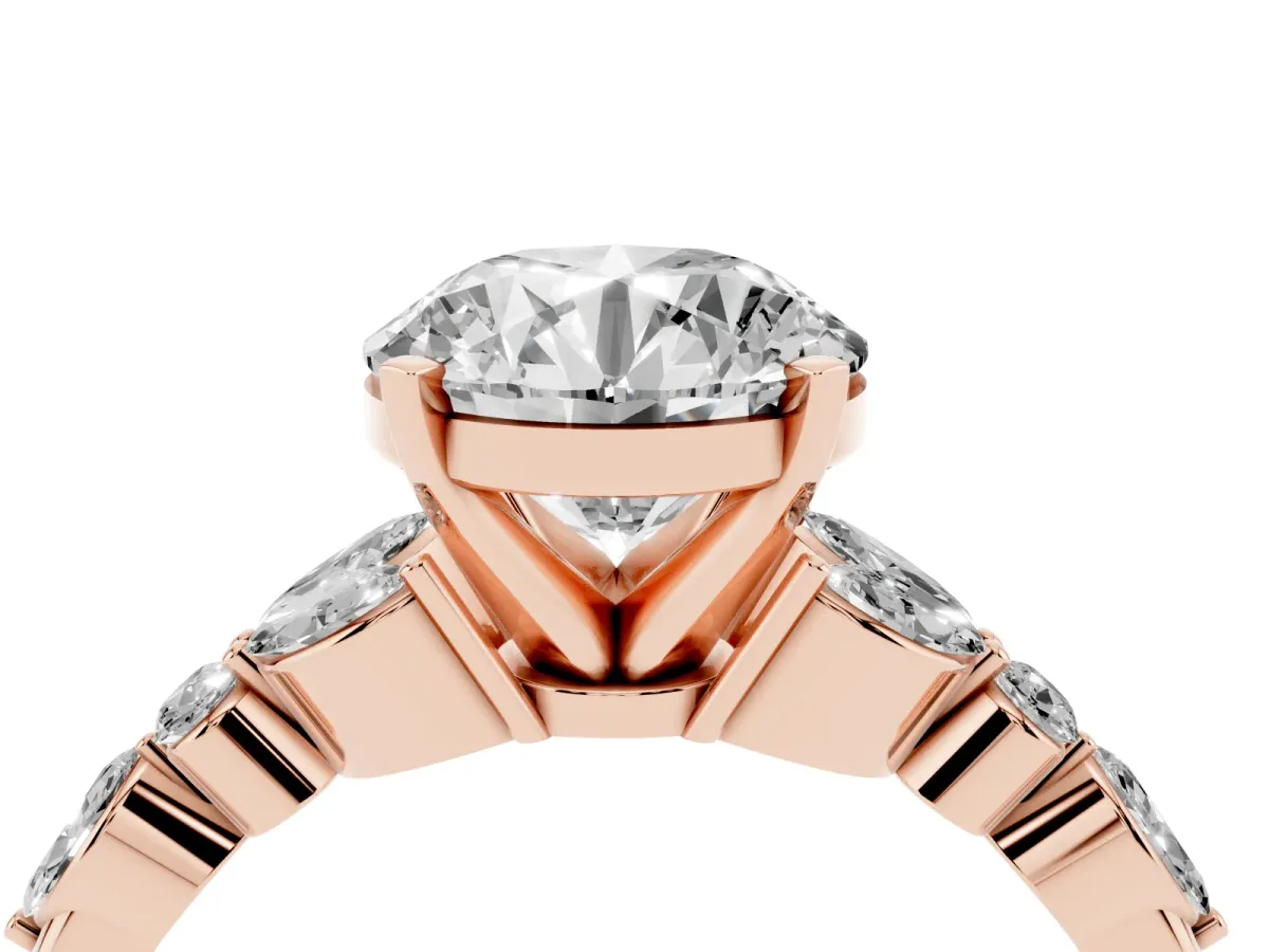 Round Cut Diamond Solitaire Ring with Side Stones and Four-Prong Setting Rose gold