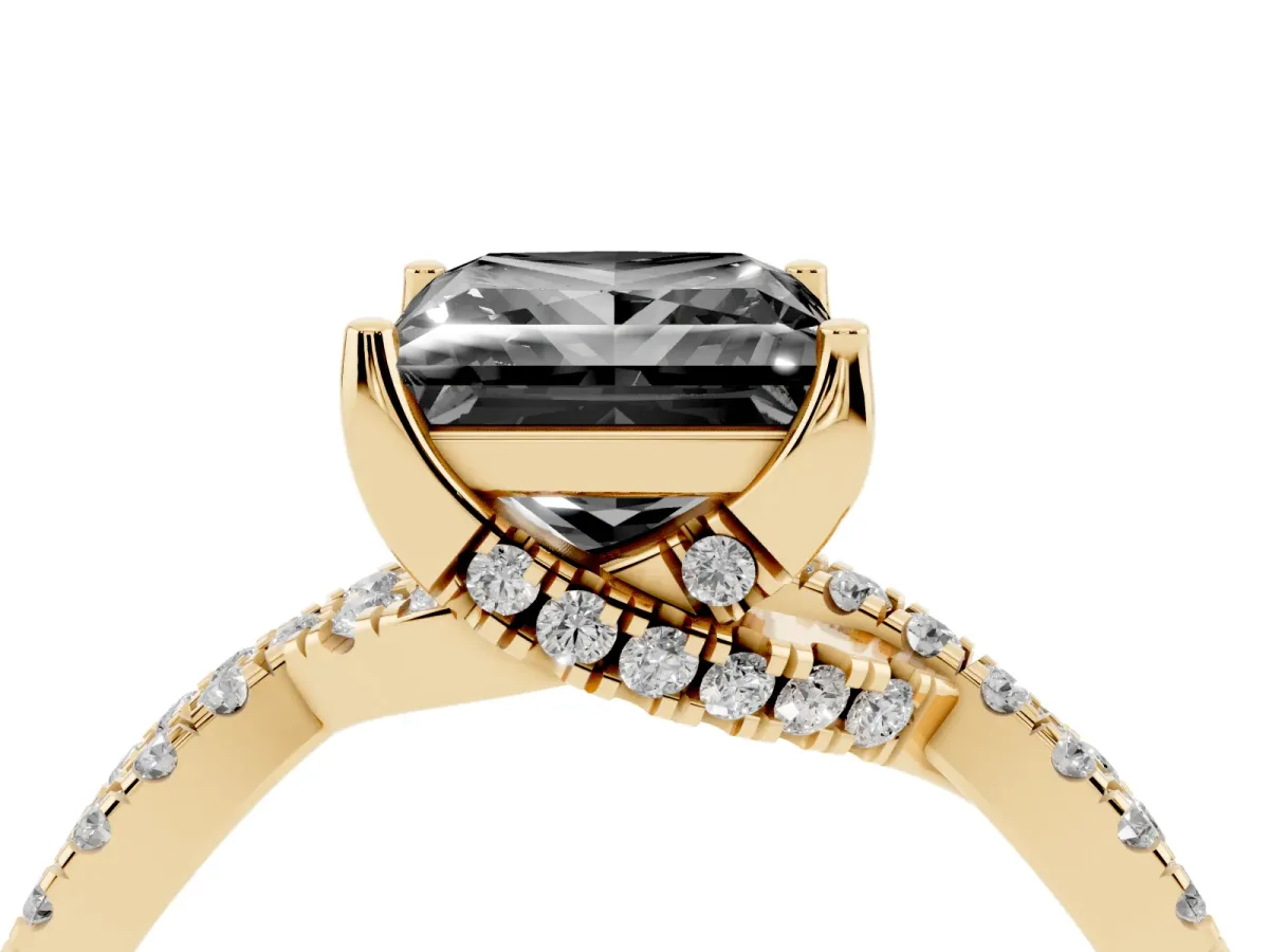 Fancy Black Princess Cut Solitaire Twist Pave Diamond Engagement Ring with Prong Setting Yellow gold