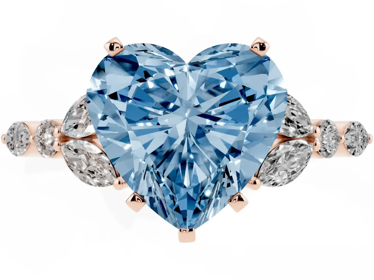 Fancy Blue Heart Cut Diamond Solitaire Ring with Side Stones and Four-Prong Setting Rose gold