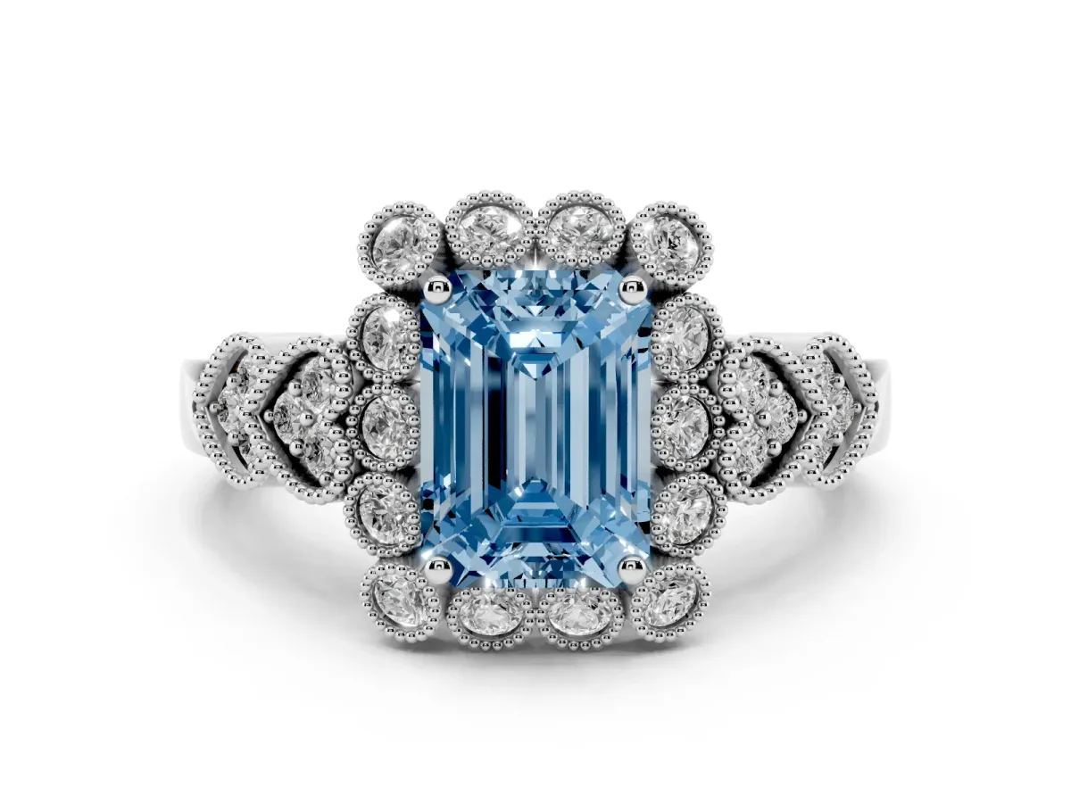 Fancy Blue Emerald Cut Brilliant Milgrain Pave Heart Band Solitaire Ring Silver