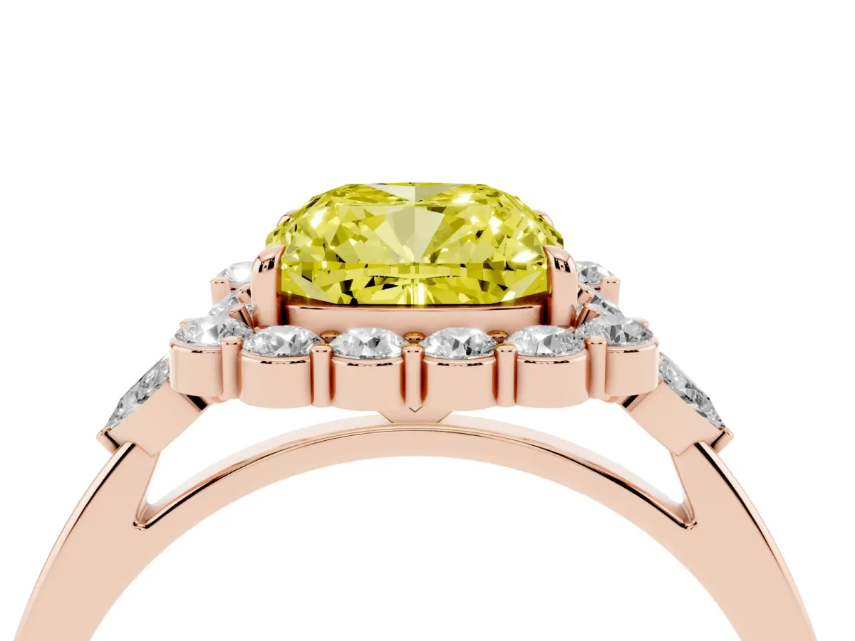 Fancy Yellow Cushion Cut Diamond Halo Ring with Pear Side Stones and Prong Setting Rose gold