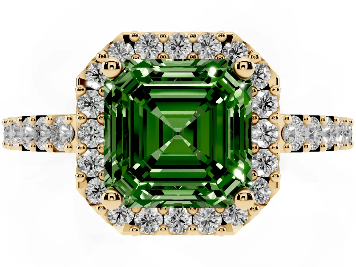 Fancy Green Asscher Cut Halo Diamond Pavé Solitaire Ring Yellow gold