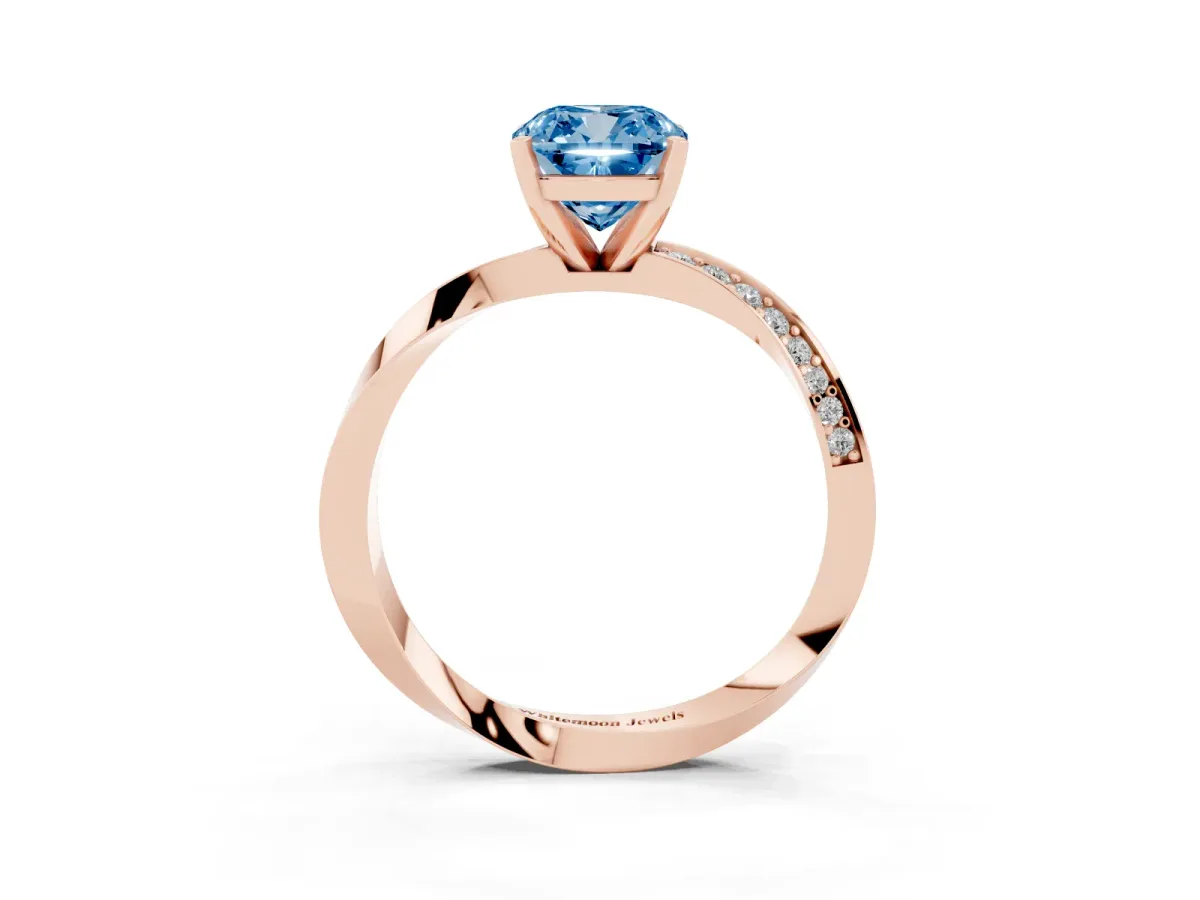 Fancy Blue Cushion Cut Diamond Engagement Ring with Side Stone Accents and Four-Prong Setting Rose gold