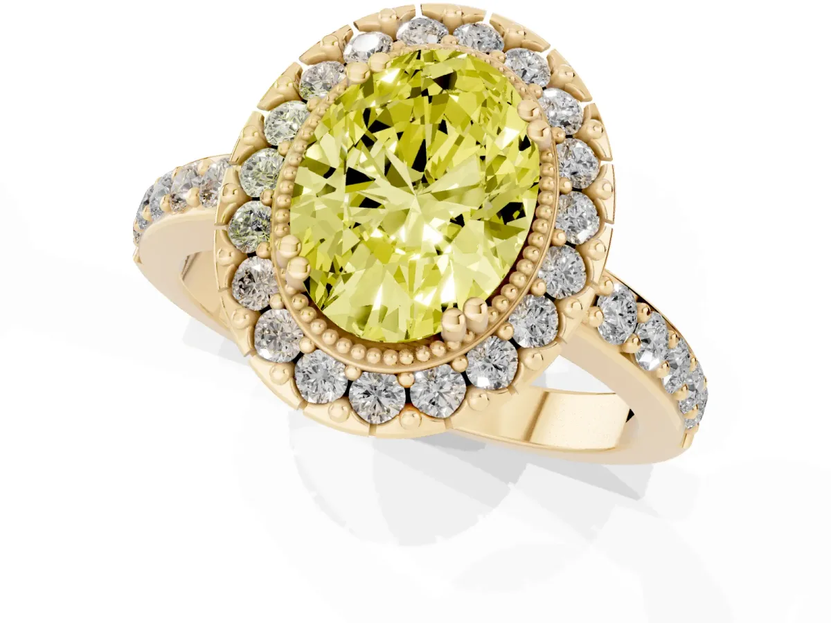 Fancy Yellow Oval Cut Diamond Halo Ring with Pavé Band and Prong Setting Yellow gold