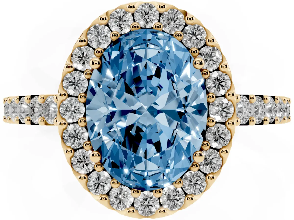 Fancy Blue Oval Cut Halo Diamond Pavé Solitaire Ring Yellow gold