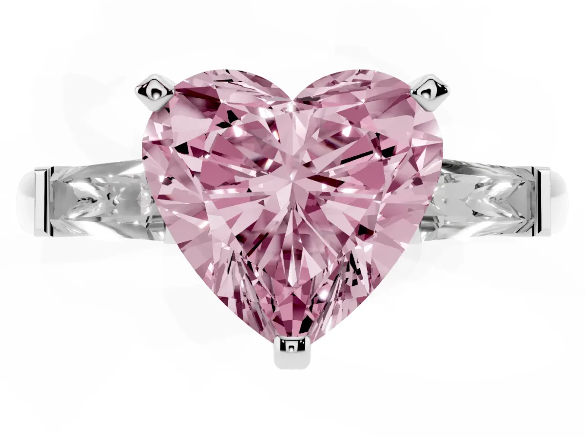 Fancy Pink Heart Cut Solitaire with Tapered Baguette Side Stones on a Classic Band with Four-Prong Setting Silver
