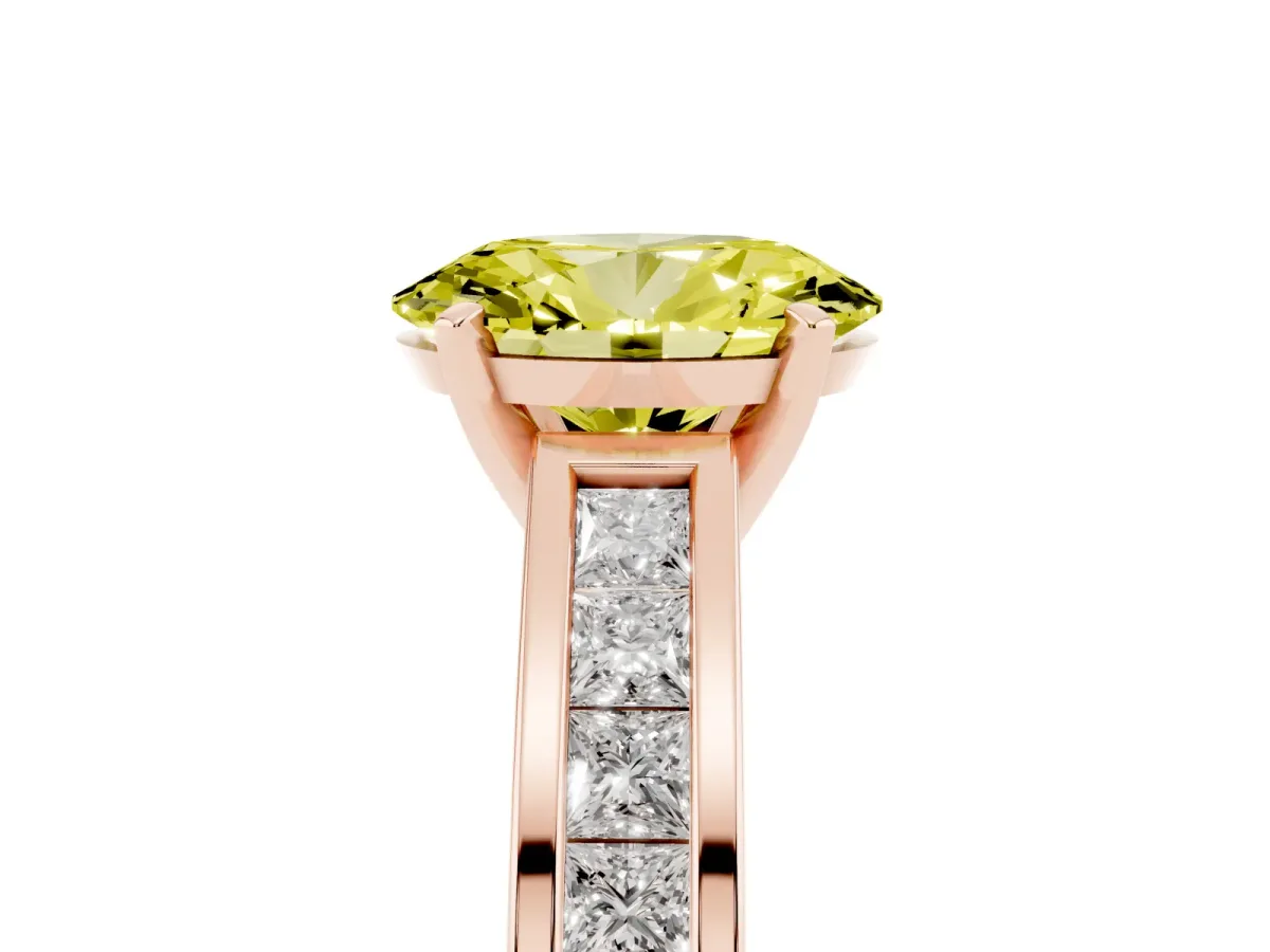 Fancy Yellow Oval Cut Solitaire Diamond Ring with Channel-Set Band and Four-Prong Setting Rose gold