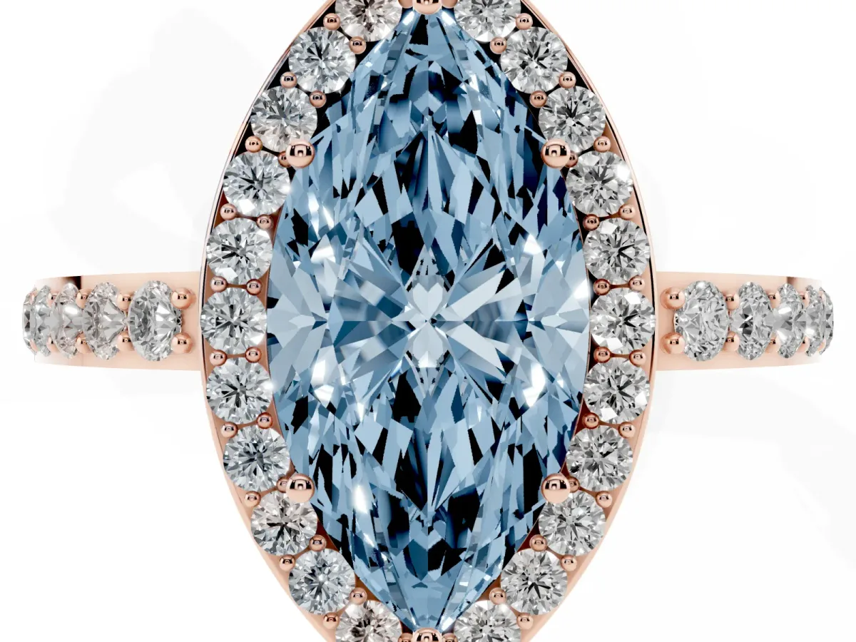 Fancy Blue Marquise Cut Halo Diamond Pavé Band Ring with Prong Setting Rose gold