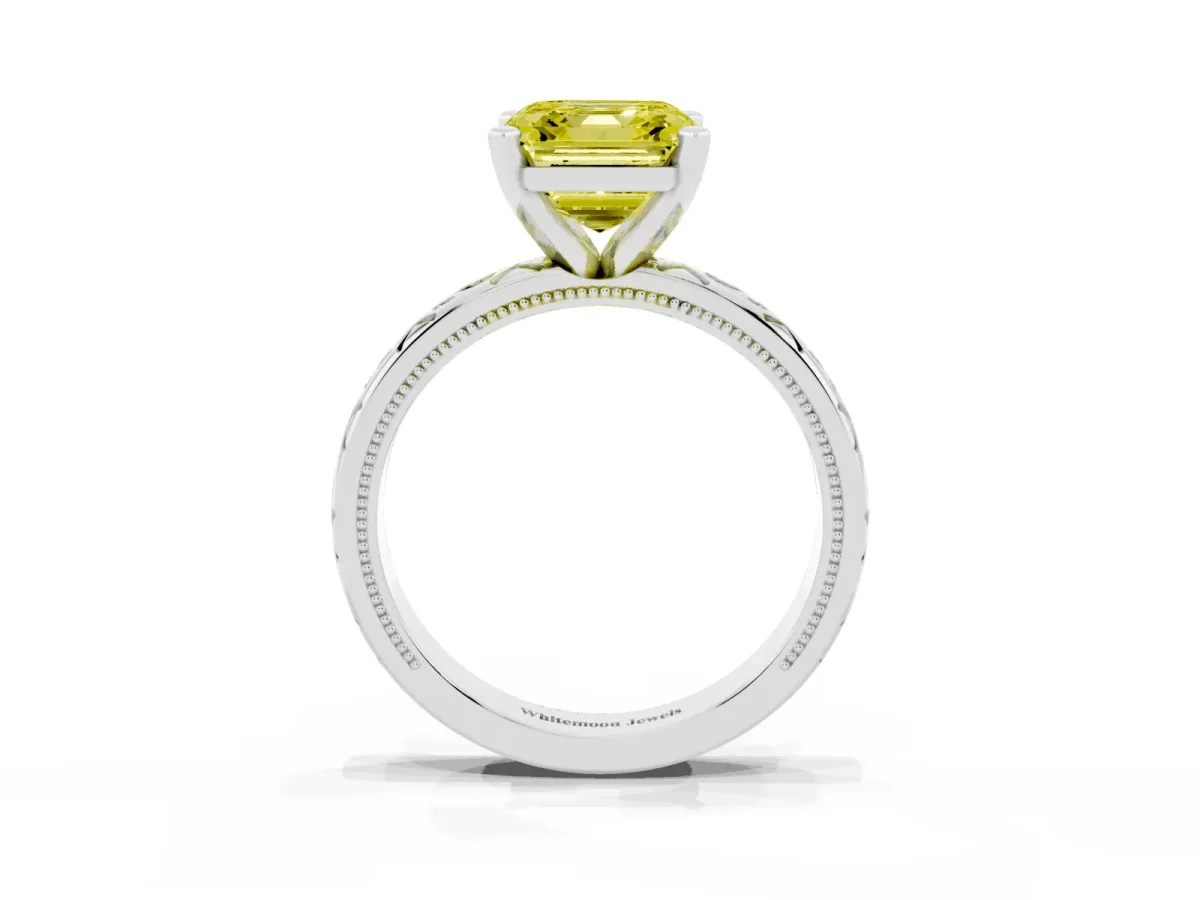 Fancy Yellow Asscher Cut Solitaire Engagement Ring with Scrollwork Band and Four-Prong Setting Silver