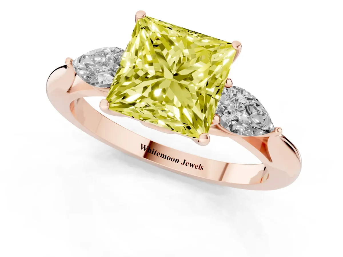 Fancy Yellow Princess Cut Diamond Three-Stone Ring with Pear Side Stones and Prong Setting Rose gold