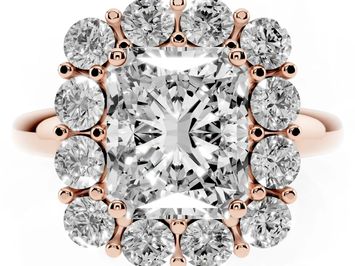 Radiant Cut Halo Cluster Diamond Engagement Ring with Prong Setting and Polished Band Rose gold
