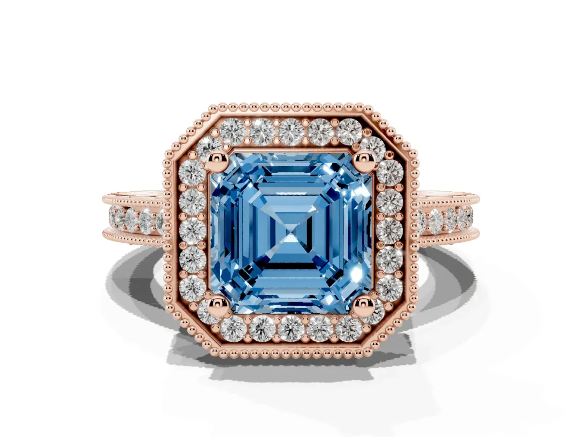Fancy Blue Asscher Cut Diamond Milgrain Halo Engagement Ring with Round Pavé Band and Prong Setting Rose gold