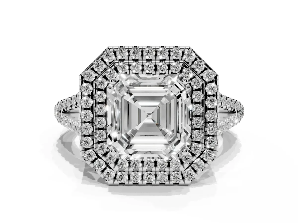 Asscher Cut Diamond Double Halo Ring with Pavé Band and Prong Setting Silver