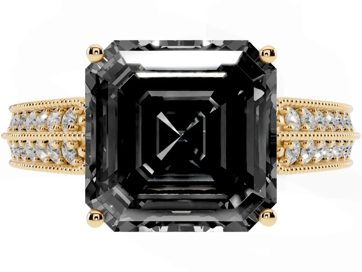 Fancy Black Asscher Cut Cut Pave Split Shank Engagement Ring with Four-Prong Setting Yellow gold