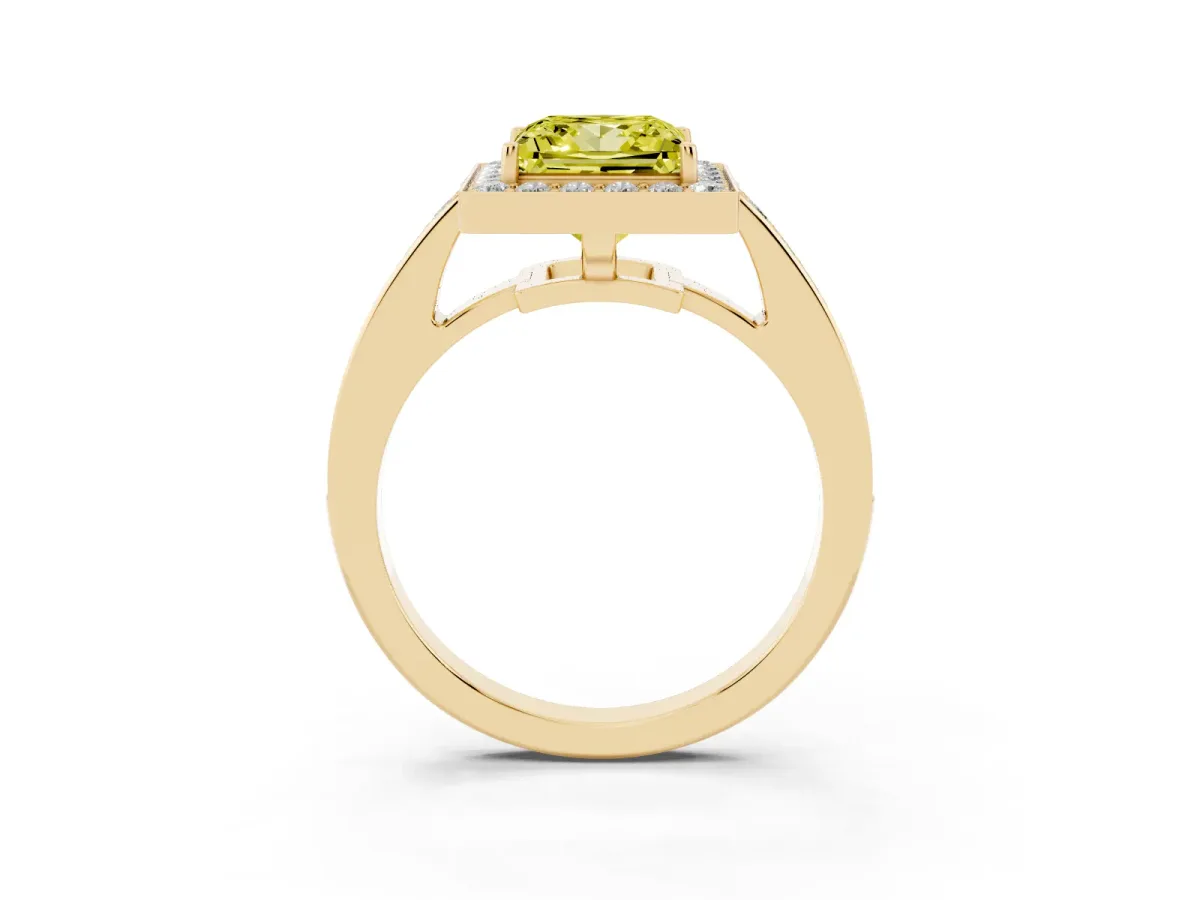 Fancy Yellow Princess Cut Halo Pavé Diamond Engagement Ring with Bezel Setting Yellow gold