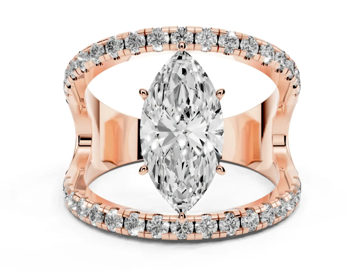 Marquise Cut Solitaire Split Shank Pave Diamond Ring Rose gold