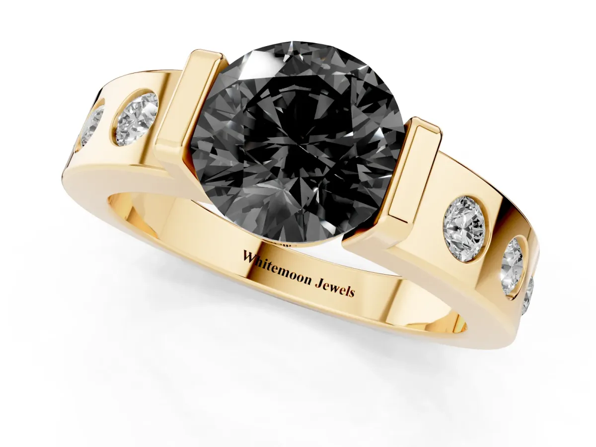 Fancy Black Round Cut Brilliant Channel-Set Diamond Ring with Bezel Prong Setting Yellow gold