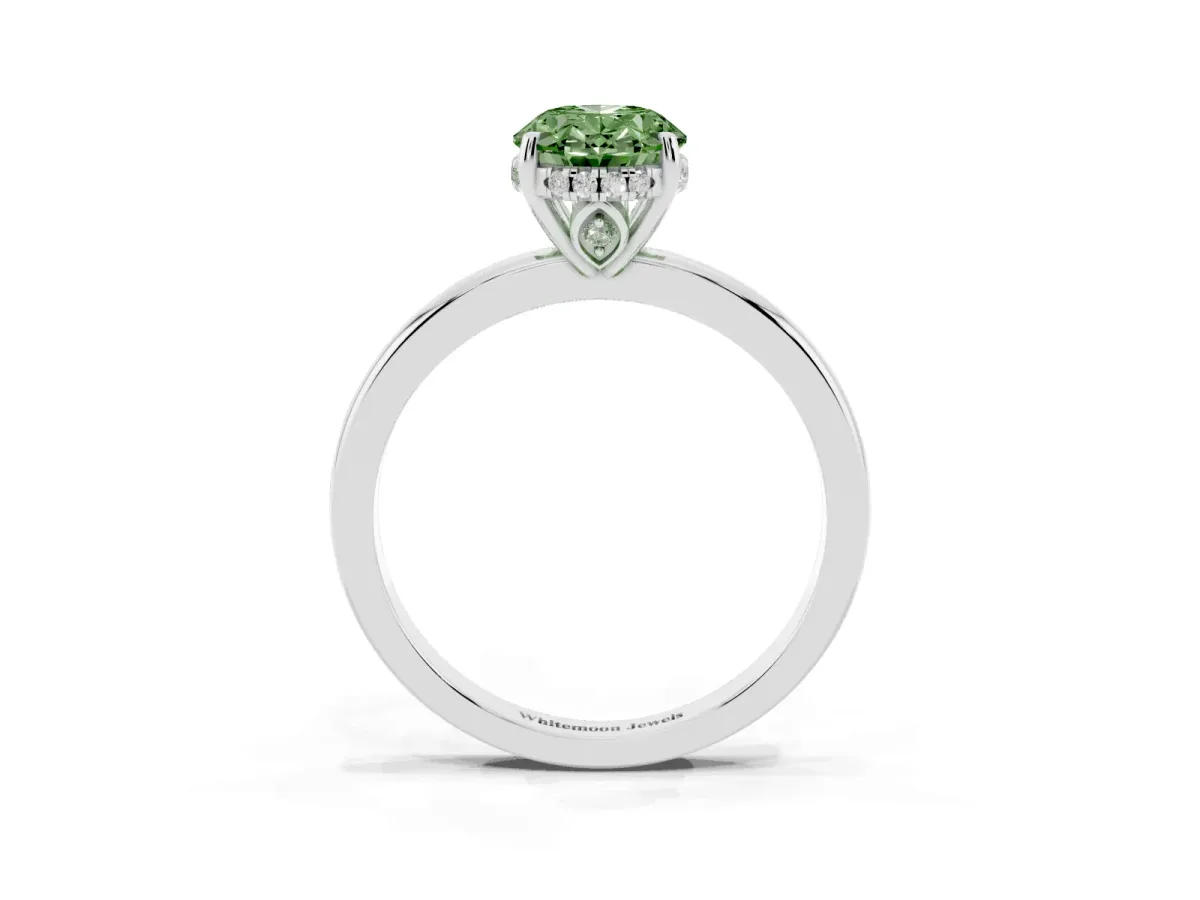 Fancy Green Oval Cut Solitaire Diamond Ring with Prong Setting and Plain Band Platinum