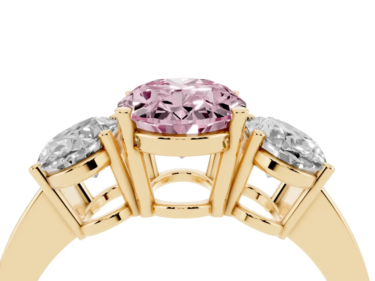 Fancy Pink Three-Stone Oval Cut Cut Diamond Engagement Ring with Flat Band and Four-Prong Setting Yellow gold