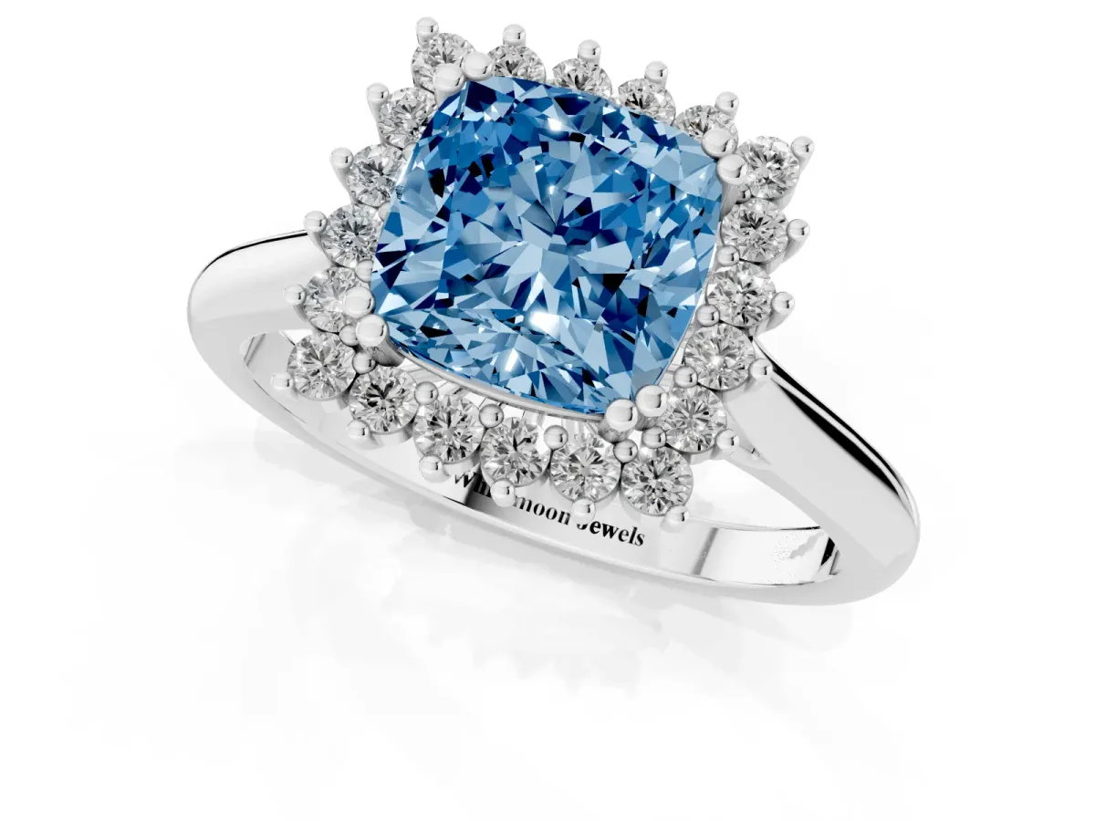 Fancy Blue Cushion Cut Cut Diamond Halo Ring with Solitaire Band and Prong Setting Platinum