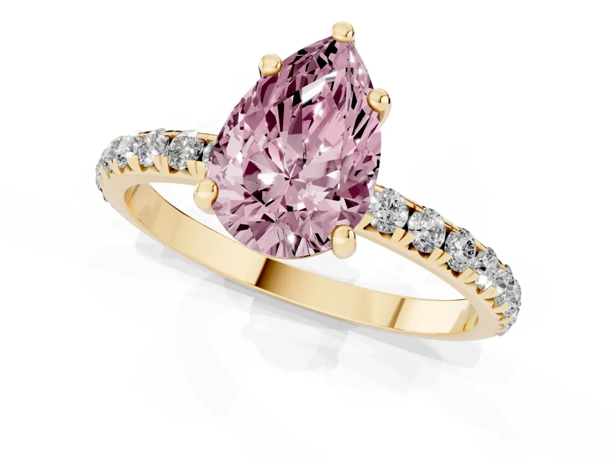 Fancy Pink Pear Cut Cut Diamond Solitaire Ring with Micro Pave Band and Four Prong Setting Yellow gold