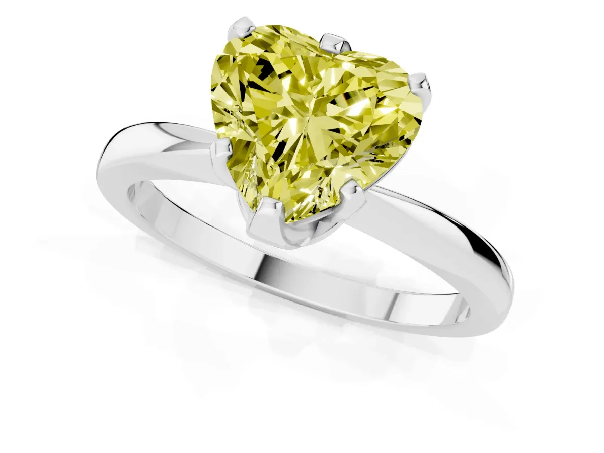 Fancy Yellow Heart Cut Solitaire Engagement Ring with Six-Prong Setting and Tapered Band Silver