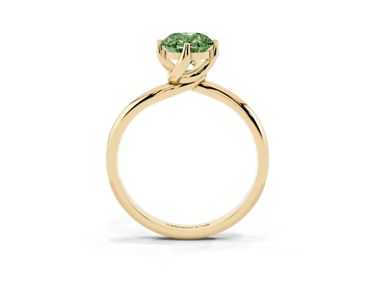 Fancy Green Oval Cut Diamond Solitaire Engagement Ring with Four-Prong Setting and Classic Band Yellow gold