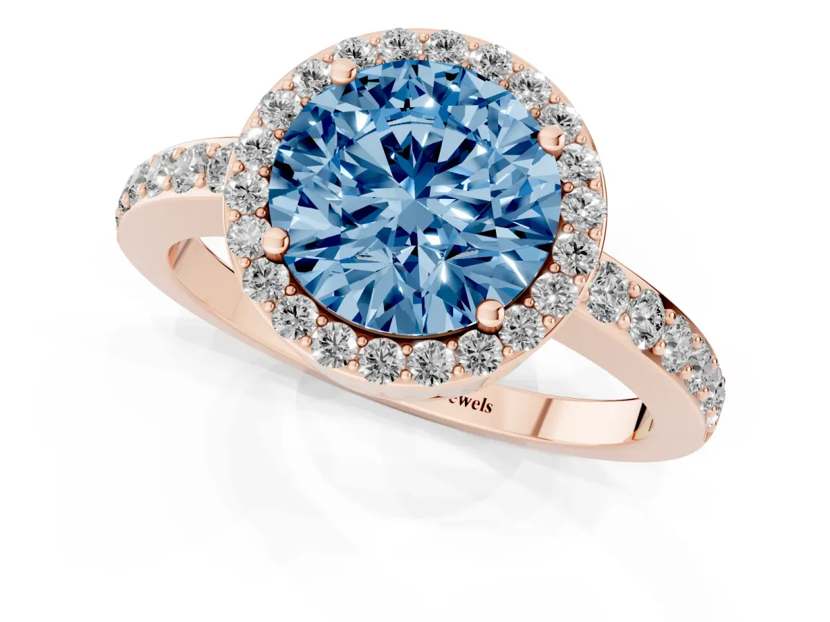 Fancy Blue Round Cut Halo Diamond Pavé Band Ring with Prong Setting Rose gold