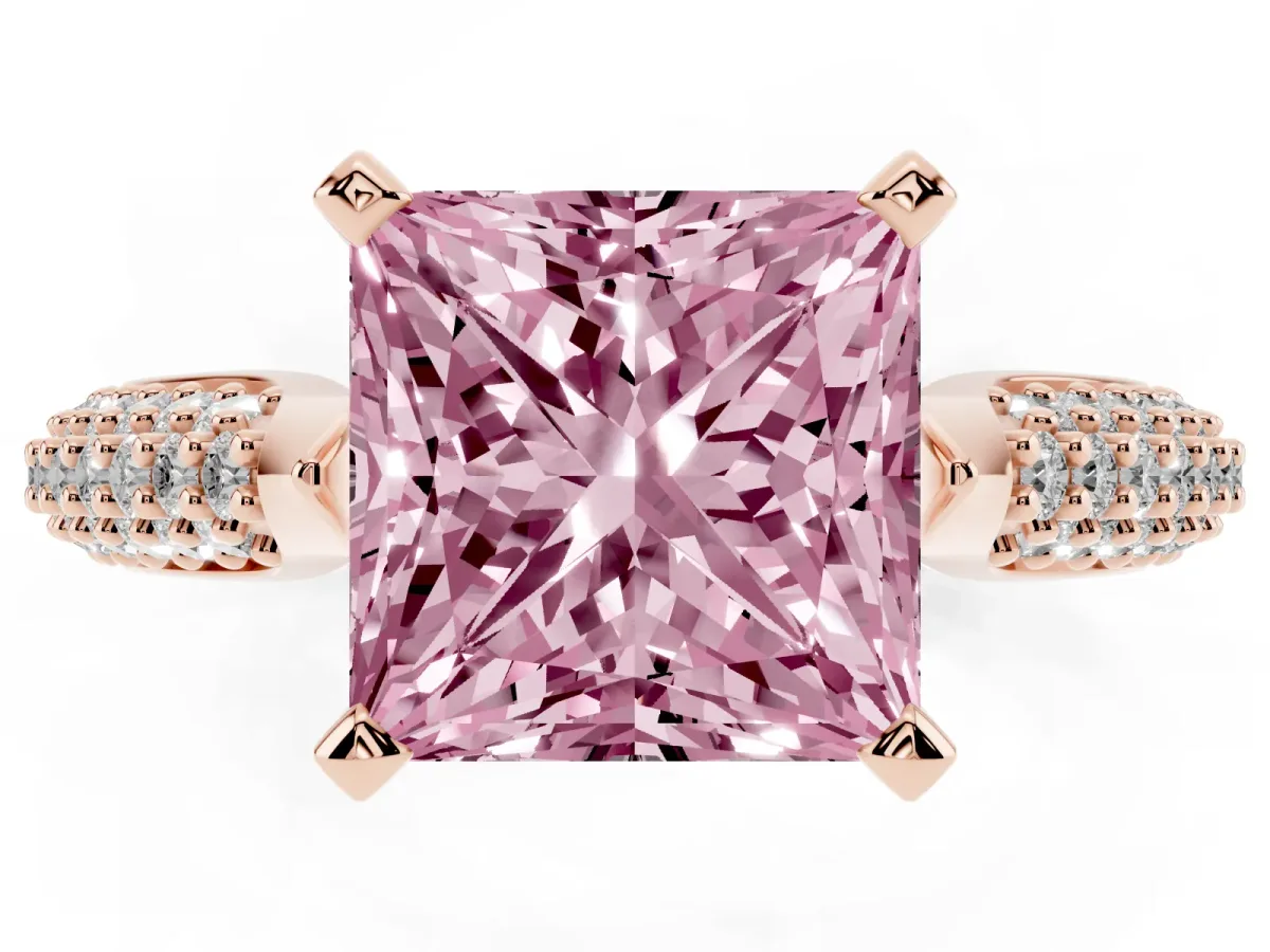 Fancy Pink Princess Cut Diamond Solitaire Engagement Ring with Multi-Row Round Pavé Band and Prong Setting Rose gold