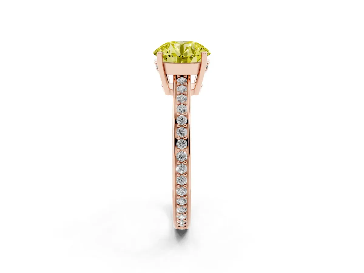 Fancy Yellow Round Cut Solitaire Pavé Band Prong Setting Ring Rose gold