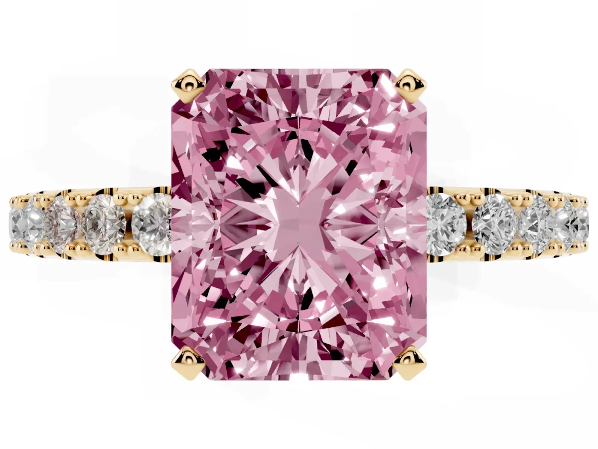 Fancy Pink Radiant Cut Diamond Solitaire Pavé Band with Four-Prong Setting Yellow gold