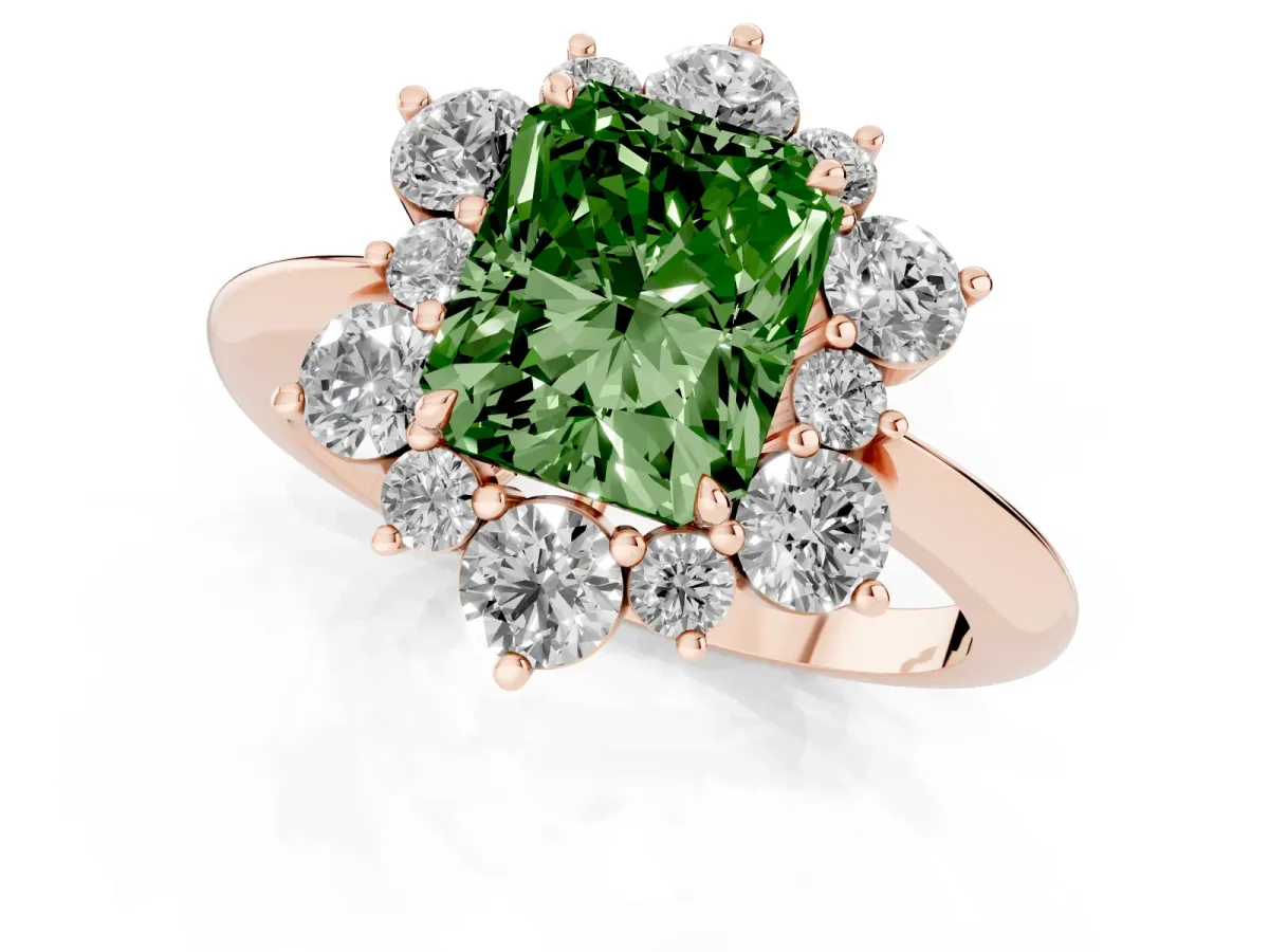 Fancy Green Radiant Cut Diamond Cluster Halo Ring with Solitaire Band and Four-Prong Setting Rose gold