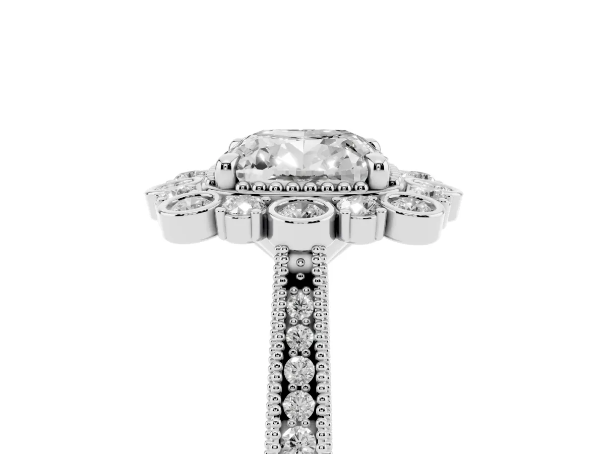 Cushion Cut Halo Milgrain Pave Diamond Ring with Four-Prong Setting Platinum