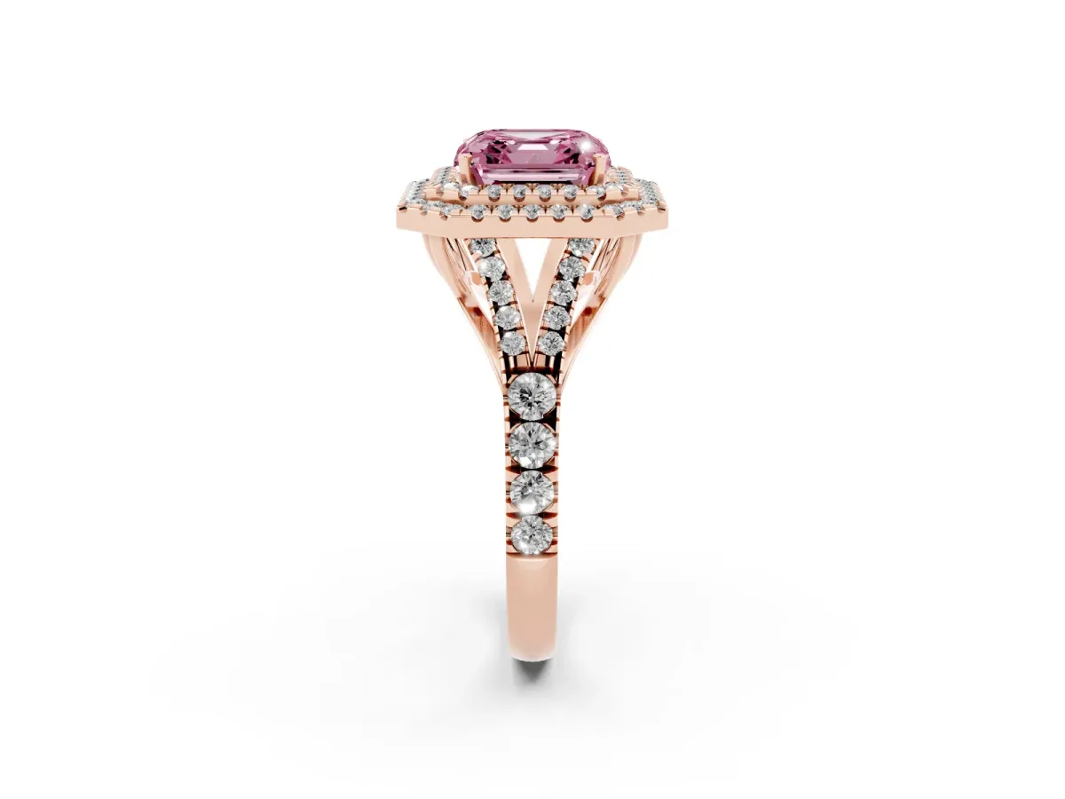 Fancy Pink Asscher Cut Diamond Pavé Split Shank Double Halo Engagement Ring Rose gold