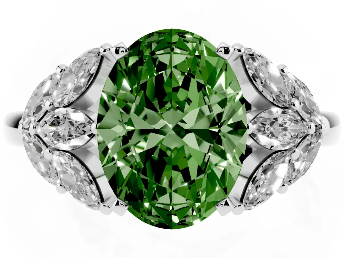 Fancy Green Oval Cut Diamond Cluster Leaf Design Ring with Prong Setting Platinum
