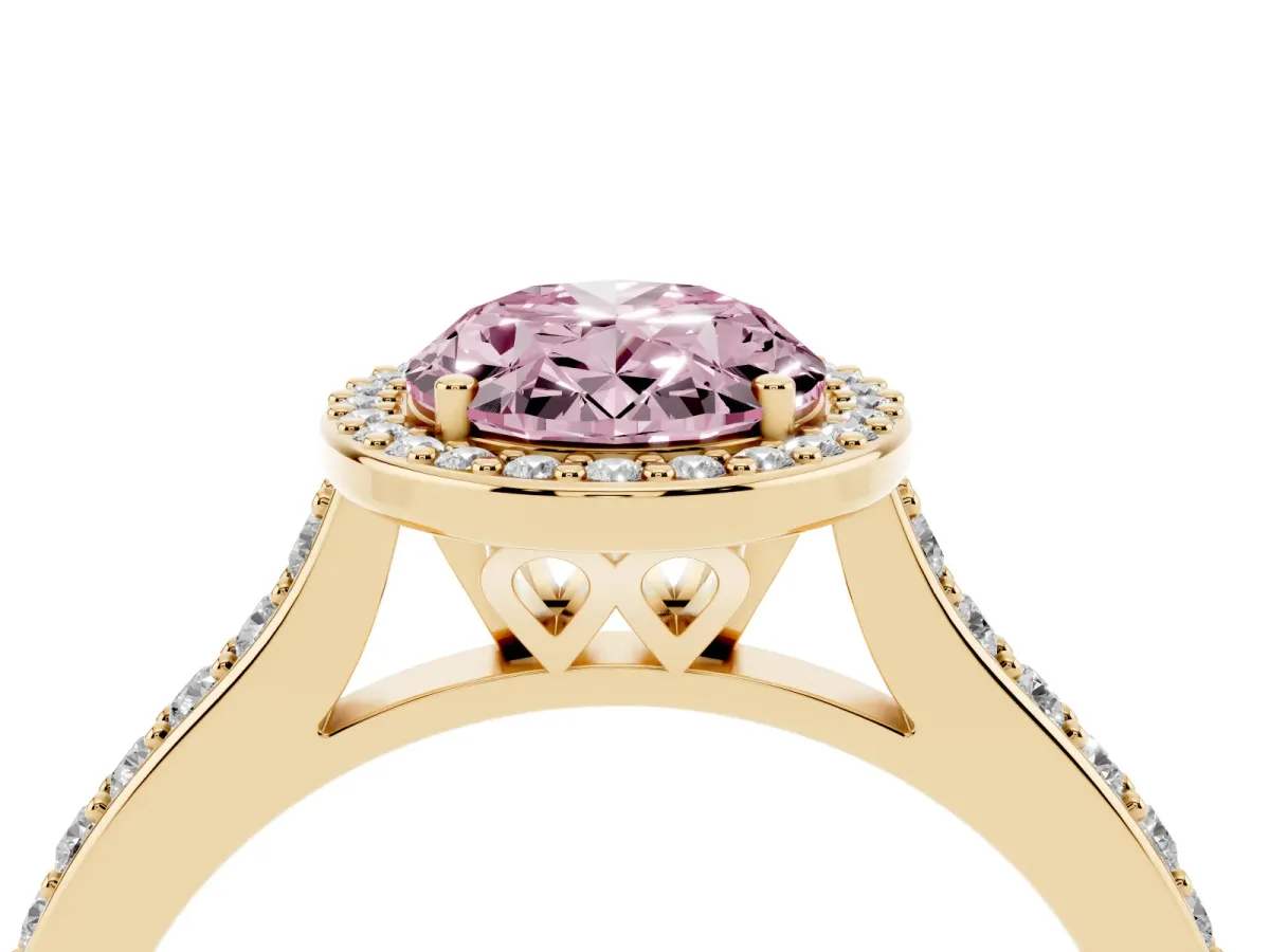 Fancy Pink Oval Cut Diamond Halo Engagement Ring with Round Pavé Shoulders and Prong Setting Yellow gold
