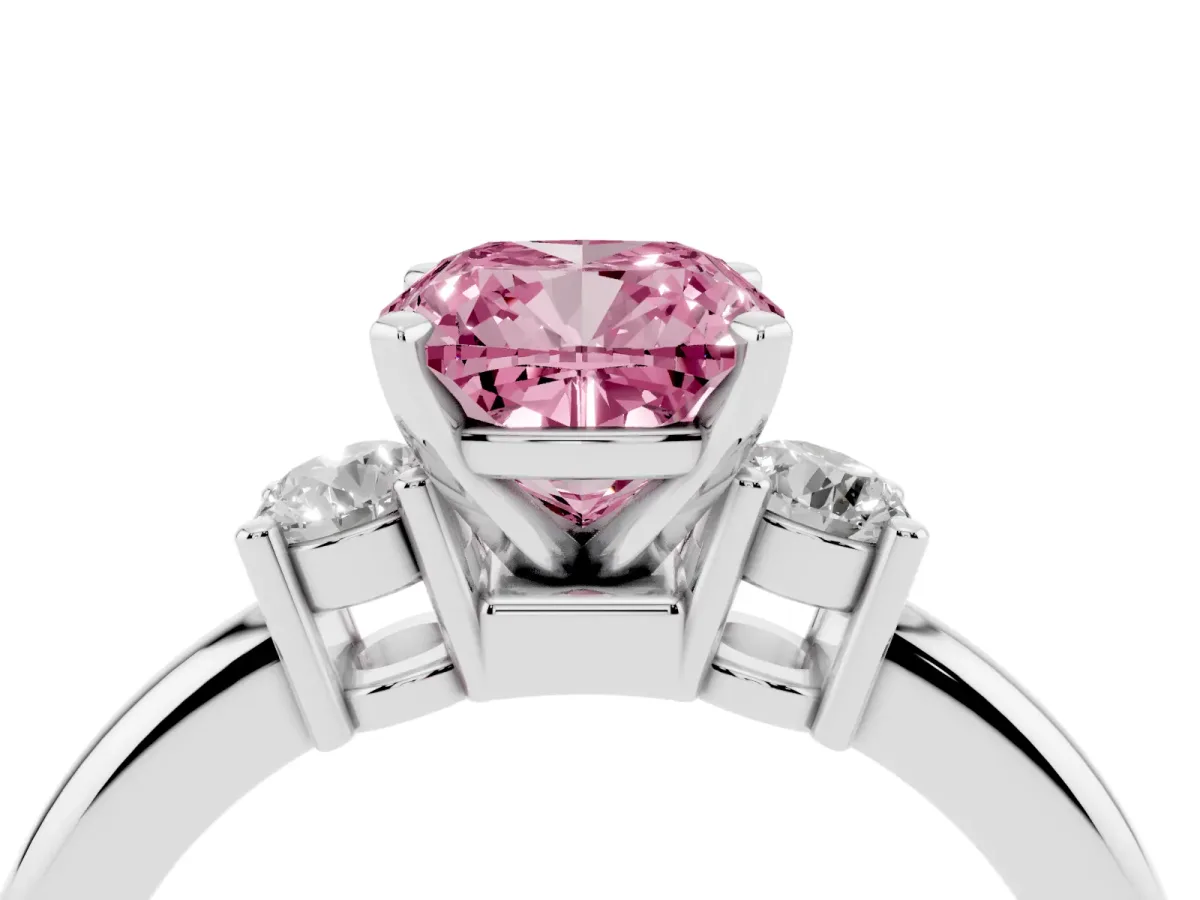 Fancy Pink Three-Stone Cushion Cut Cut Diamond Solitaire with Prong Setting and Classic Band White gold