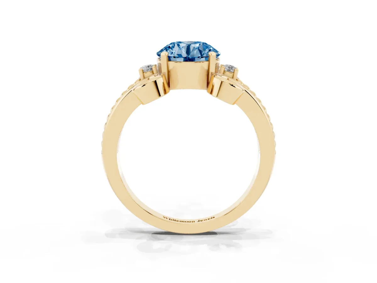 Fancy Blue Round Cut Solitaire Twisted Band Scroll Prong Ring Yellow gold