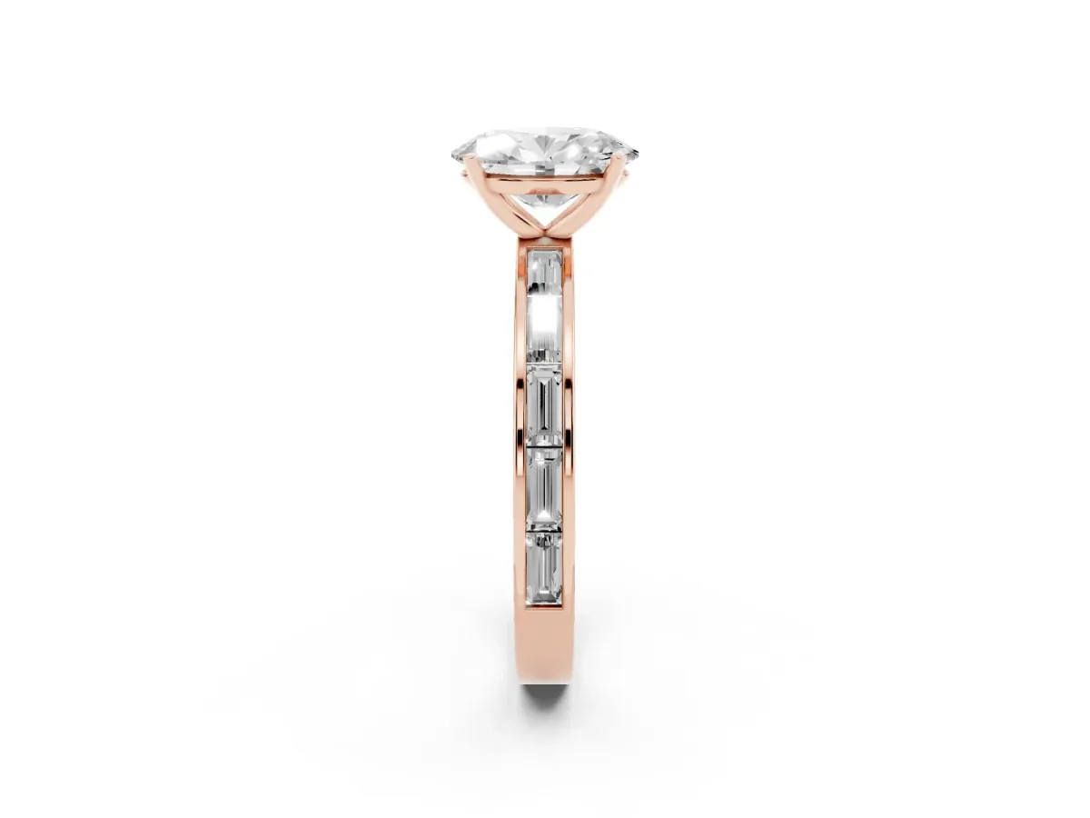 Oval Cut Solitaire Diamond Ring with Channel-Set Baguette Band and Four-Prong Setting Rose gold