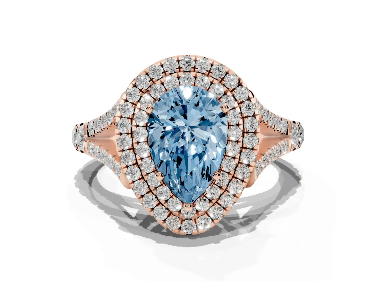 Fancy Blue Pear Cut Diamond Pavé Split Shank Double Halo Engagement Ring Rose gold