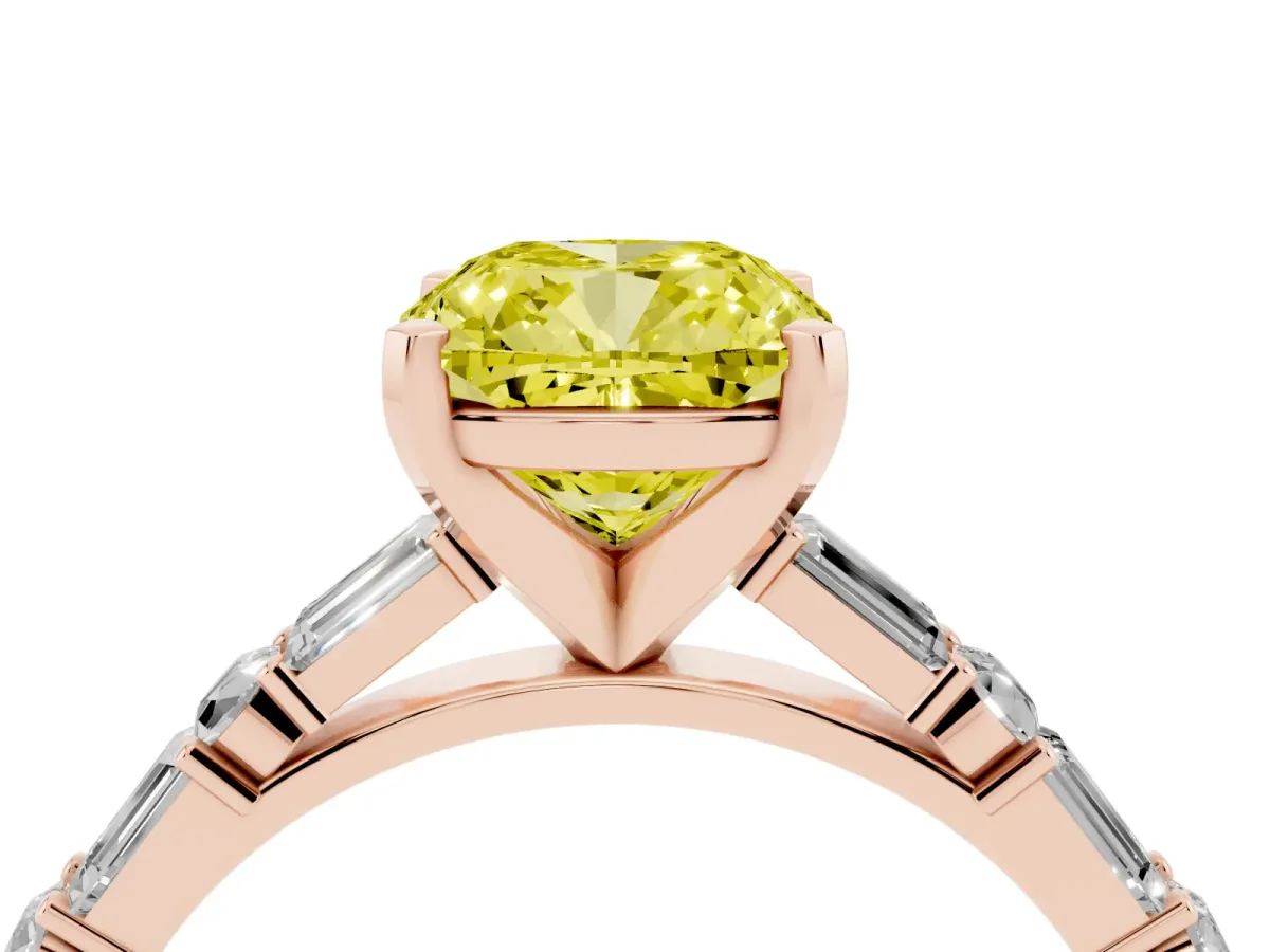 Fancy Yellow Cushion Cut Diamond Solitaire with Side Baguettes and Channel Set Band Rose gold
