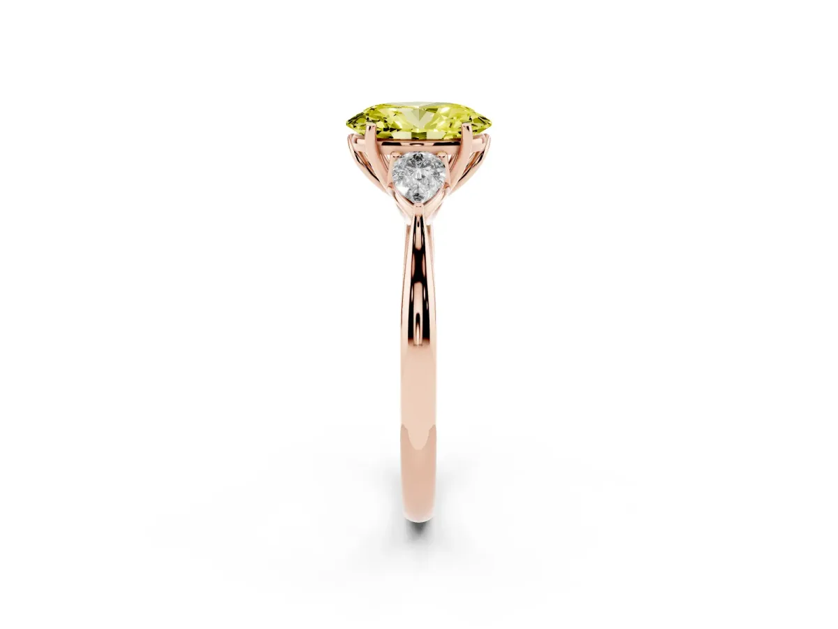 Fancy Yellow Oval Cut Diamond Three-Stone Ring with Pear Side Stones and Prong Setting Rose gold