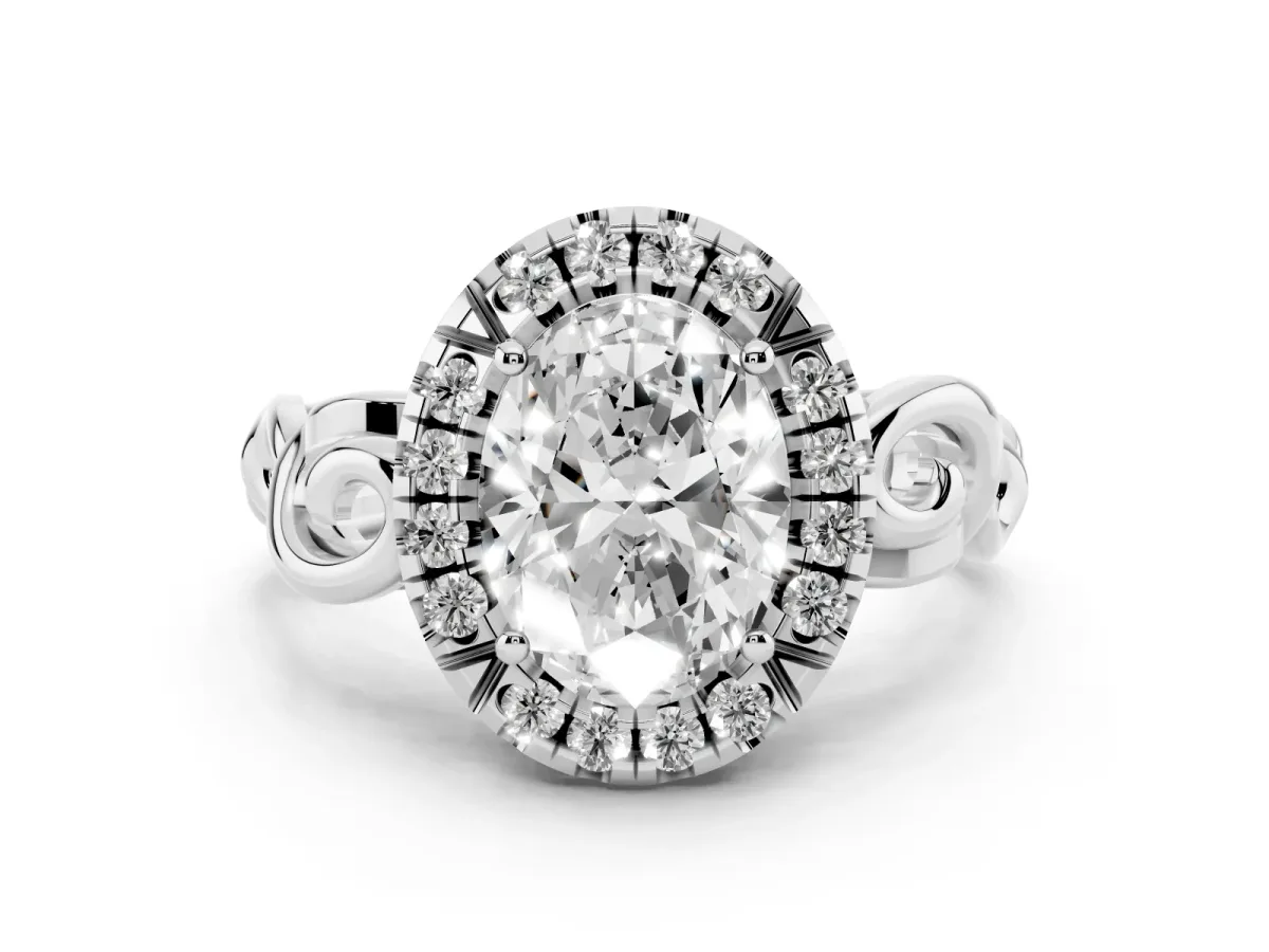 Oval Cut Cut Halo Diamond Ring with Scrollwork Band and Four-Prong Setting Silver