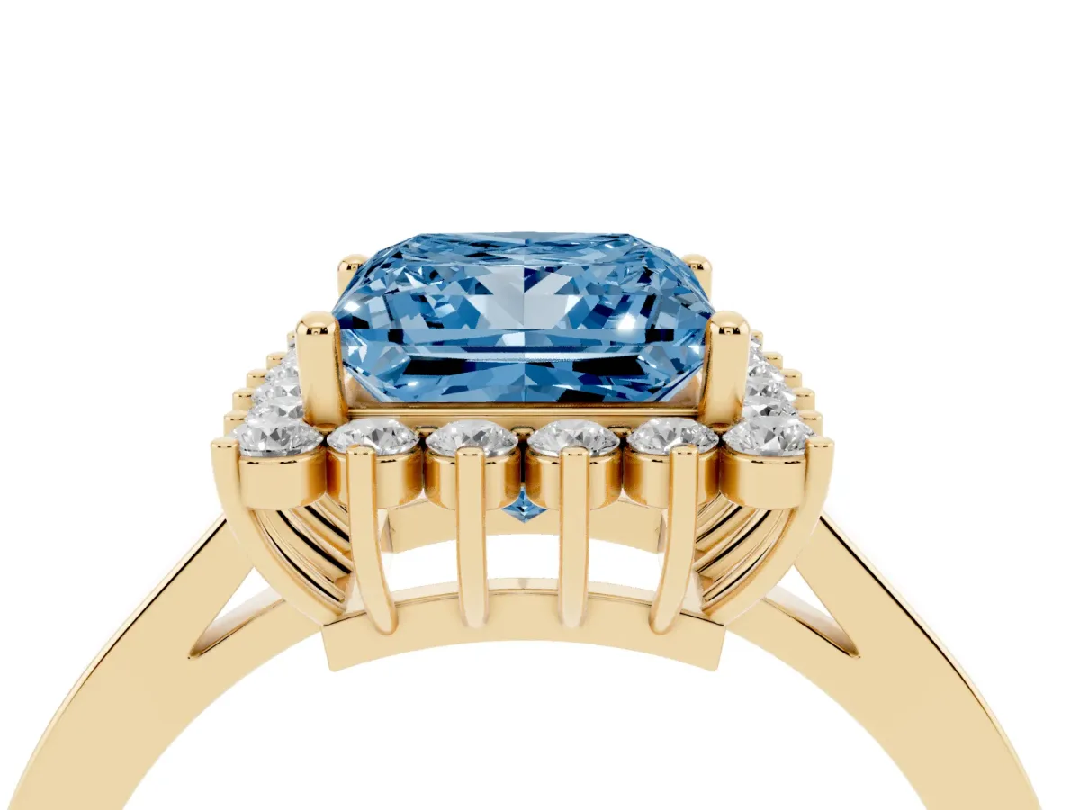 Fancy Blue Princess Cut Cut Diamond Halo Ring with Round Brilliant Halo and Solitaire Band Yellow gold