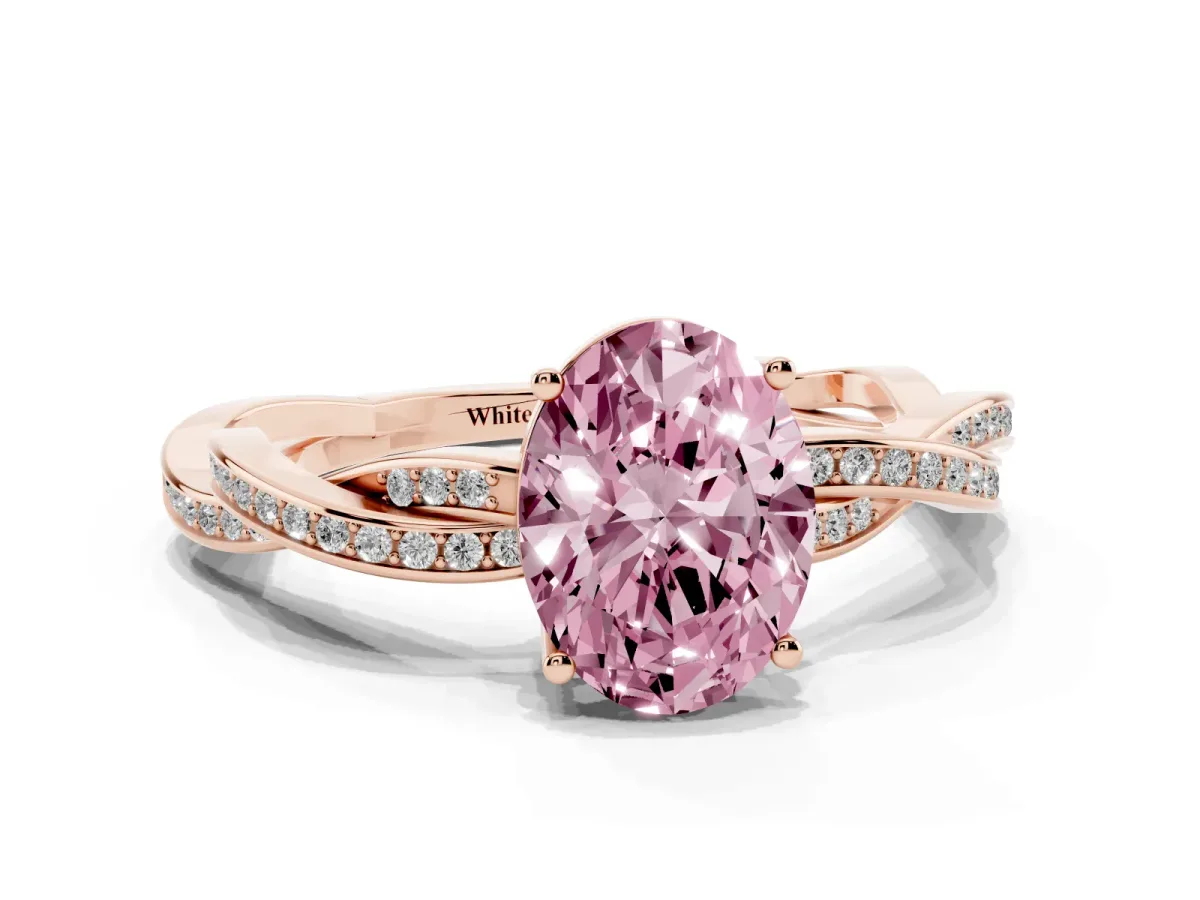 Fancy Pink Oval Cut Solitaire Twisted Pave Diamond Ring with Four-Prong Setting Rose gold