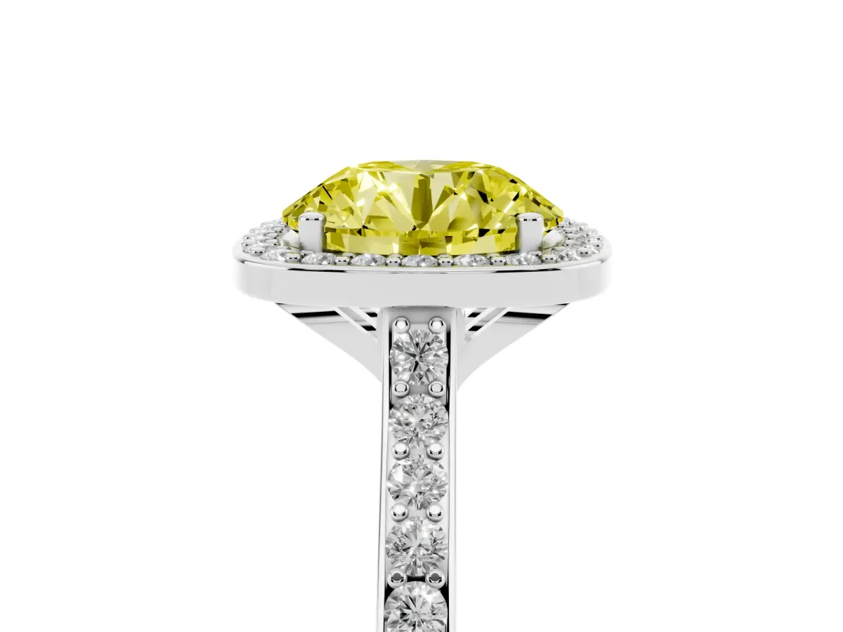 Fancy Yellow Round Cut Diamond Halo Engagement Ring with Round Pavé Shoulders and Prong Setting Platinum